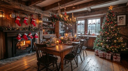 Poster - A cozy, festive room with a large Christmas tree in the corner
