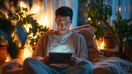 Aufkleber - A young man sits comfortably on a plush couch, focused on his tablet in a warmly lit room surrounded by lush plants. The evening glow enhances the serene atmosphere as he engages with his device.