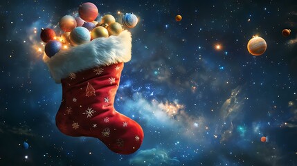 Wall Mural - Christmas stocking filled with tiny planets and stars, floating against a dark galaxy