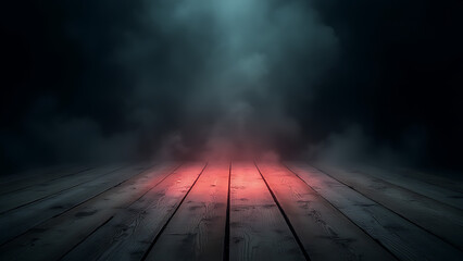 Poster - Old wooden floor in a dark room has a neon glow amidst scattered smoke and an abstract, dark background.