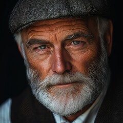 Older Caucasian man gazes intensely, wearing grey flat cap, blue eyes reflecting wisdom, brown vest over blue shirt, grey beard, facial lines show experience, rugged masculinity concept.