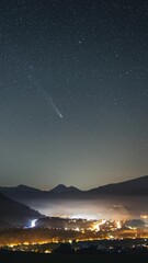Wall Mural - comet tsuchinshan atlas in starry night sky over countryside traffic in europe vertical astronomy ti