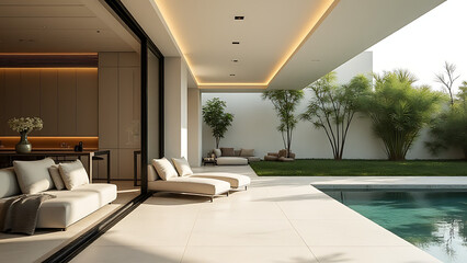 Poster - Luxury summer architecture features minimalist product placement and modern tropical design elements in a sophisticated indoor setting.