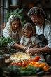 © Natalia - An Italian family gathered in the kitchen, rolling out pasta dough together, with colorful vegetables and fresh herbs surrounding them, celebrating Family Day with food and tradition,