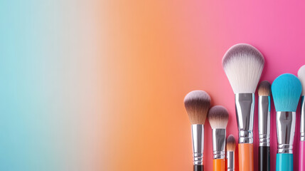 A colorful array of makeup brushes against a vibrant gradient background, showcasing a variety of brush sizes and styles for cosmetic application.