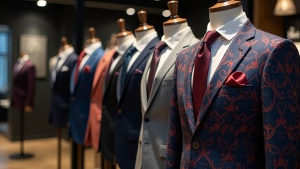 A well-organized display of intricately patterned male suits on mannequins in a retail clothing store, showcasing a variety of colors and textures