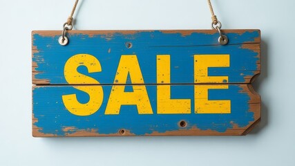 Rustic wooden SALE sign with worn blue and yellow paint,