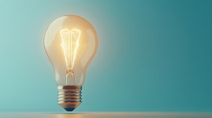 A glowing incandescent light bulb on a minimalist blue background, symbolizing creativity and innovation, stands alone on a smooth surface.