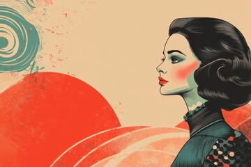 Aufkleber - retro art illustration, retro illustration of a woman in art deco style, featuring bold colors and open space for text, with abstract elements