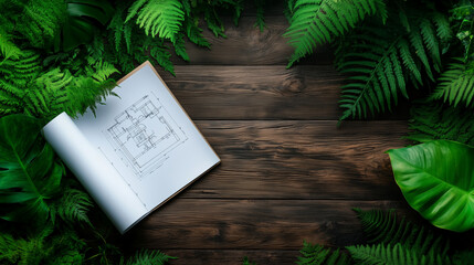 Wall Mural - a set of blueprints rests on a rustic wooden table surrounded by vibrant, lush greenery, symbolizing