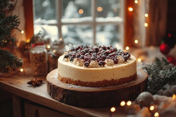 winter dessert display, christmas cheesecake on a rustic wooden board in a cozy kitchen, with holiday lights and decorations, while a winter scene outside the window adds charm