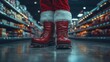 © Artem - a screenshot from a film. an insert shot of Santa Claus's boots standing in a high-end supermarket