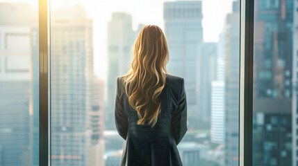 young businesswoman working in the office while standing near window highlighted by white, png