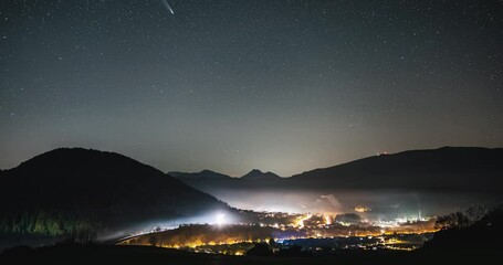 Wall Mural - starry night sky with milky way galaxy, comet tsuchinshan atlas and starlink over busy space travel 