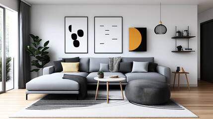 Wall Mural - Modern living room interior with gray sectional sofa, abstract wall art, coffee table, floor lamp, and plant decoration, featuring minimalist design and neutral color palette.