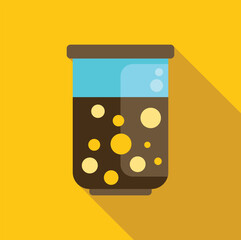 Poster - laboratory glassware containing a brown liquid with floating yellow and white spheres, possibly depi