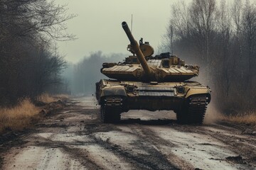 Illustration of m1 abrams tank advancing on dirt road amid ukraine russia conflict and military aid