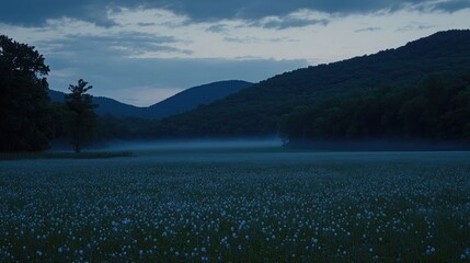  A misty field at dusk, with a lone tree standing in the foreground and mountains in the background.