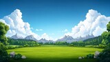 The backdrop showcases a colorful landscape with verdant fields, towering mountains, and fluffy clouds, perfect for a 2D mobile game setting