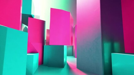 Poster - Vibrant geometric shapes in teal and magenta colors creating an abstract urban landscape with blurred depth effect