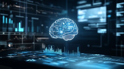 Aufkleber - A futuristic digital brain visualization, representing artificial intelligence and advanced data analytics in a tech environment.
