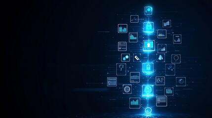 Poster - a futuristic digital illustration showcasing glowing technology icons representing innovation and cy