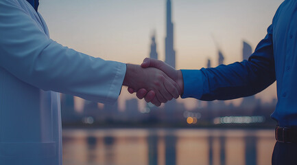 Close-up of two businessmen shaking hands with the Dubai skyline in the background, one wearing a white coat and the other a blue shirt. Professional photography with a bokeh effec