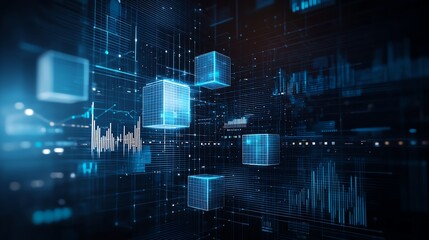 Aufkleber - Futuristic digital design with glowing cubes and data visualization, ideal for technology and analytics themes.
