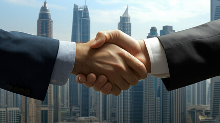 A handshake between two businessmen with dubai skyline in the background, symbolizing uae economic growth and investment opportunitie