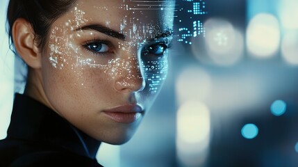 Poster - Portrait of a futuristic android woman with advanced technology data overlay