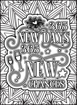 Happy New Year Quote Coloring Page for Adults. New Year Mandala Quote Coloring Page.