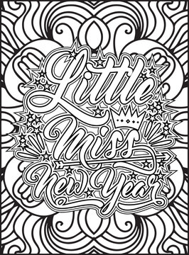 Happy New Year Quote Coloring Page for Adults. New Year Mandala Quote Coloring Page.