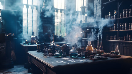 A Mysterious Alchemist's Laboratory Filled with Bubbling Potions and Arcane Symbols of Discovery