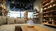 Modern Minimalist Interior Design: Retail Space with Wood Shelves and Open Layout