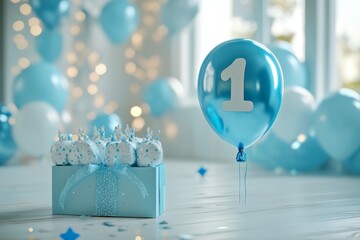 Joyful first birthday celebration with blue surprise balloon and gift box in 3d rendering