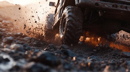 close-up of off-road tire splashing mud on rocky terrain, captured in cinematic style with dynamic motion blur, showcasing the rugged thrill of desert adventure driving