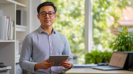 Poster - A young professional stands confidently in a well-lit office, holding a tablet. The space is filled with natural light and greenery from the windows, creating an inviting atmosphere for work.