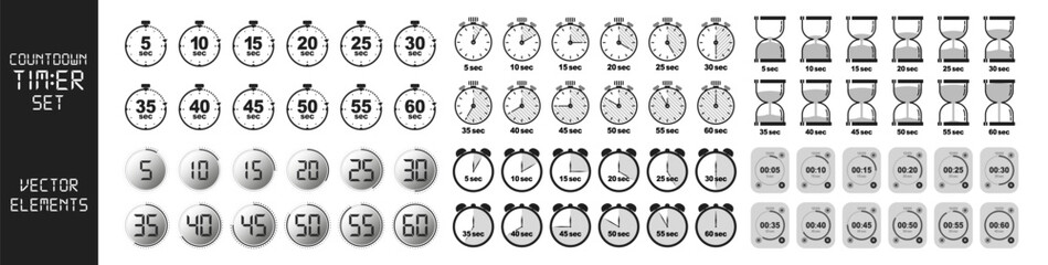 Set of timer and stopwatch icons. Countdown 10,20,30,40,50,60 minutes or seconds. Timer, clock, stopwatch isolated set icons. Label cooking time.