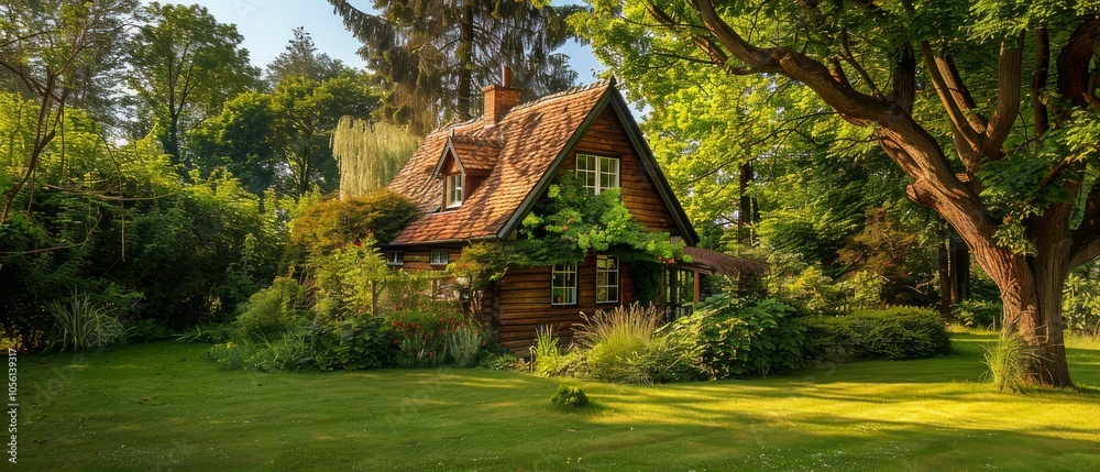 photo of a rustic wooden cottage tucked away in the countryside ...