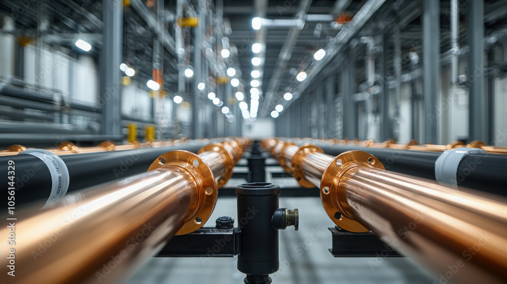 Copper pipes installed in a modern industrial facility for fluid ...