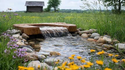 Wall Mural -   Wooden bench sits by river next to lush green field with yellow and purple flowers