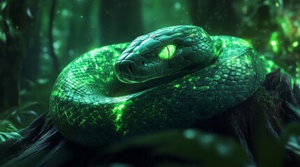 in a lush, mystical forest, a green snake rests gracefully on a mossy log, its striking eyes glowing