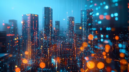 Futuristic city skyline with glowing lights and bokeh effects