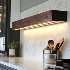 Modern kitchen with under-cabinet lighting and marble backsplash.