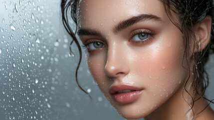 A woman with wet hair and skin stands in front of a window with raindrops on it