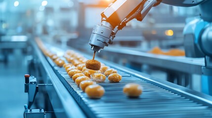Poster - Automated robotic arm placing donuts on a conveyor belt in a modern food processing facility, showcasing advanced technology in production.