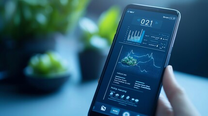 Aufkleber - A close-up view of a smartphone displaying advanced analytics and financial data in a modern workspace with plants in the background.
