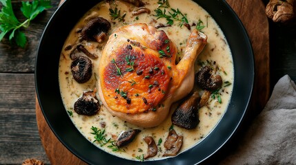 roasted chicken fillet with mushrooms, herbs and cream sauce