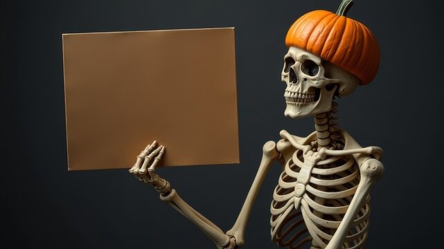 A skeleton with a Halloween pumpkin on its head holds a board for text. Perfect for a spooky Halloween greeting card design