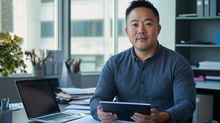 Leinwandbilder - A man sits at a desk in a contemporary office, holding a tablet and looking at the camera. Sunlight streams through large windows, illuminating a workspace filled with paperwork and office supplies.